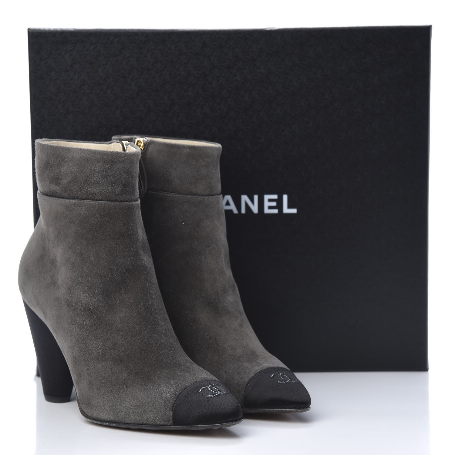 Chanel Suede Calfskin Satin Cap Toe Short Boots 37.5 Grey Black 11 of 11