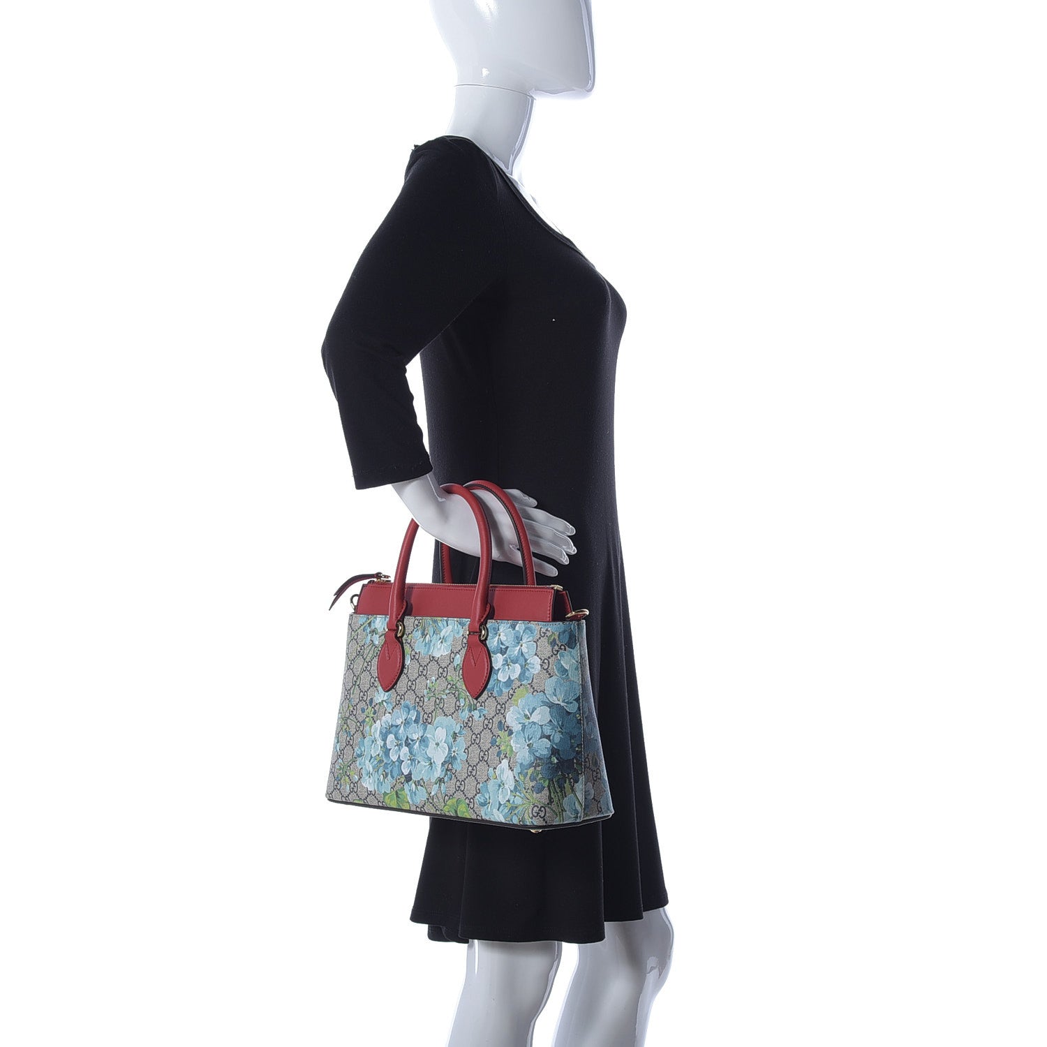 Gucci GG Supreme Monogram Blooms Medium Zip Top Tote Beige Blue Navy Hibiscus Red 3 of 14
