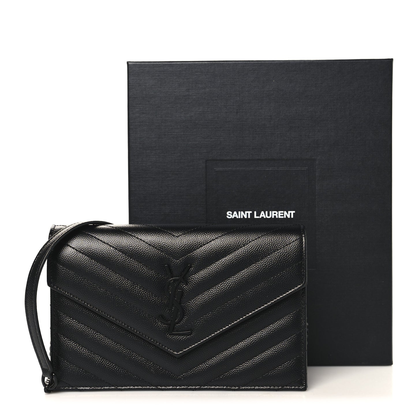 Grain De Poudre Matelasse Chevron Monogram Monochrome Envelope Chain Wallet Black