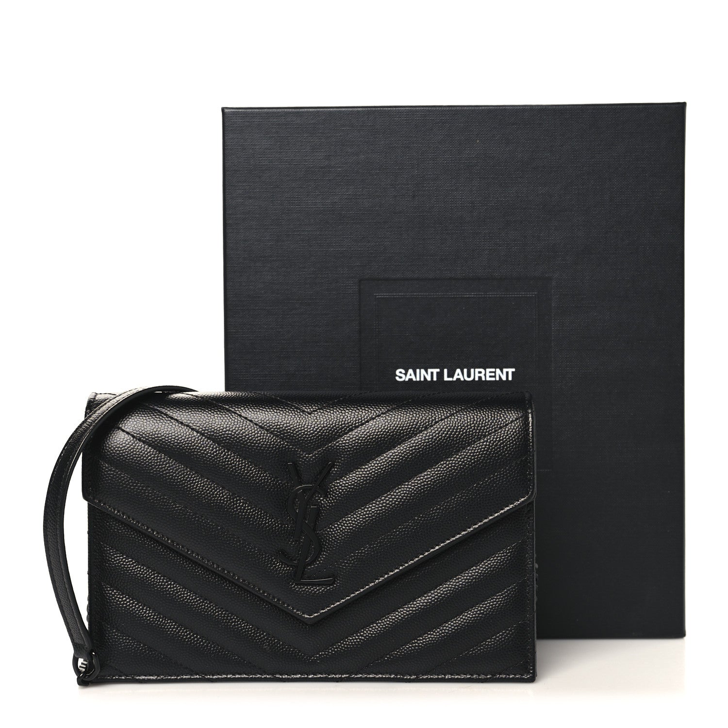 Saint Laurent Grain De Poudre Matelasse Chevron Monogram Monochrome Envelope Chain Wallet Black 10 of 10