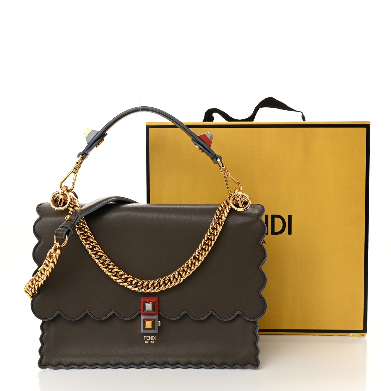 Fendi Vitello Liberty Scalloped Studded Kan I Shoulder Bag Carbone 12 of 12