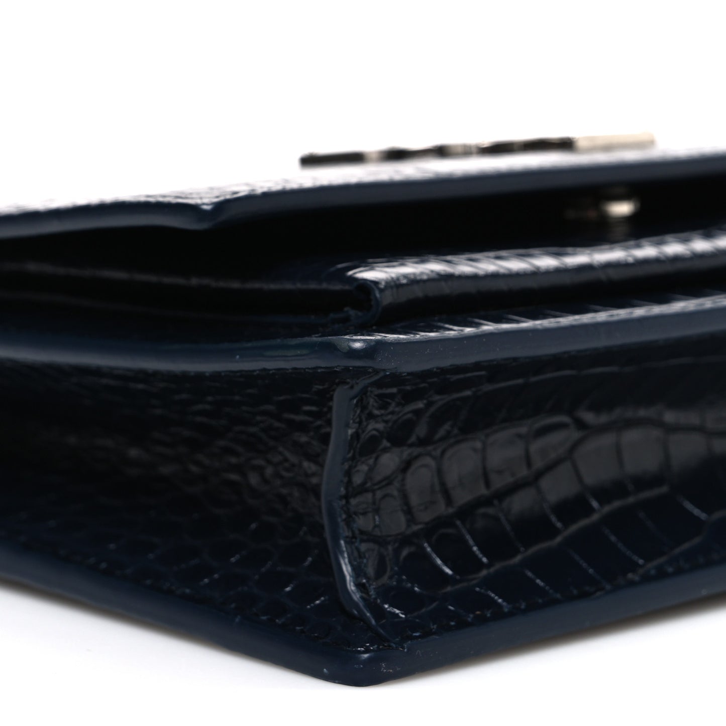Calfskin Crocodile Embossed Monogram Sunset Chain Wallet New Cobalt