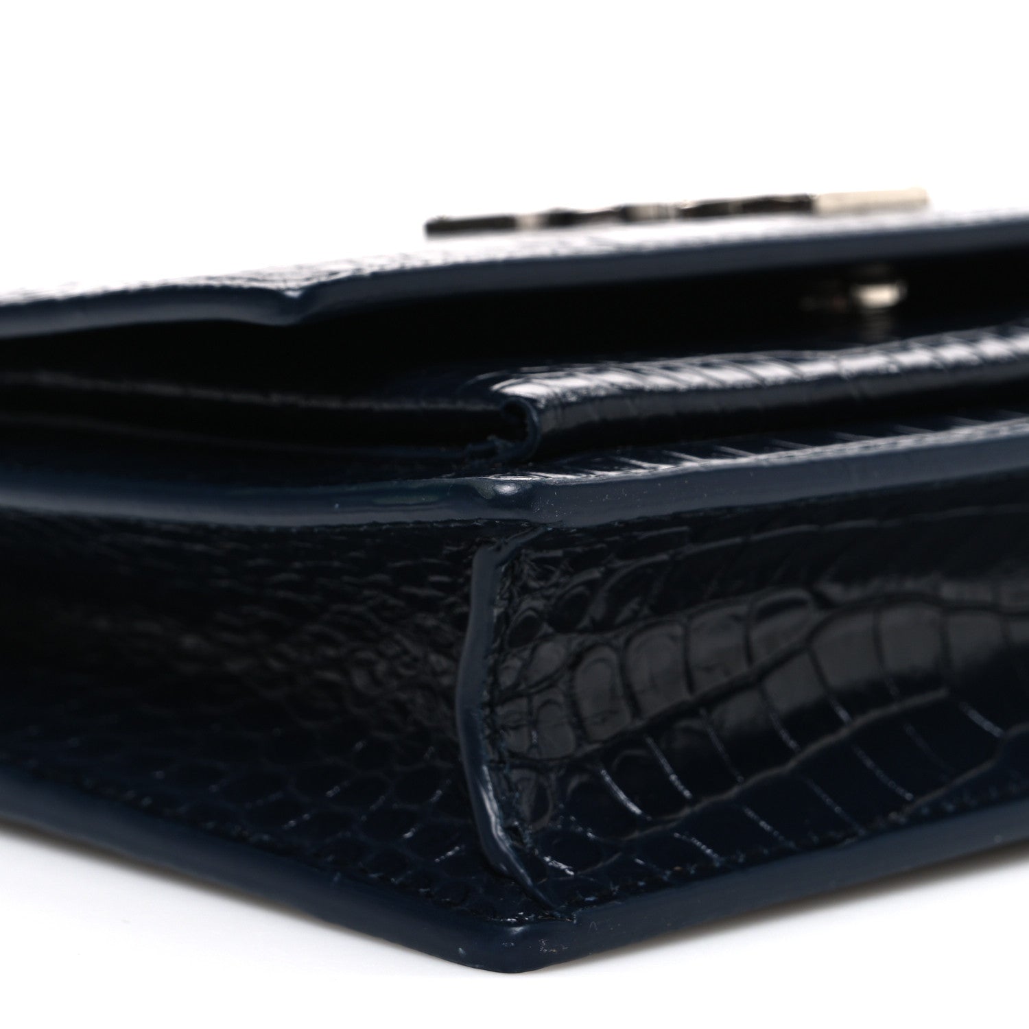 Saint Laurent Calfskin Crocodile Embossed Monogram Sunset Chain Wallet New Cobalt 8 of 9