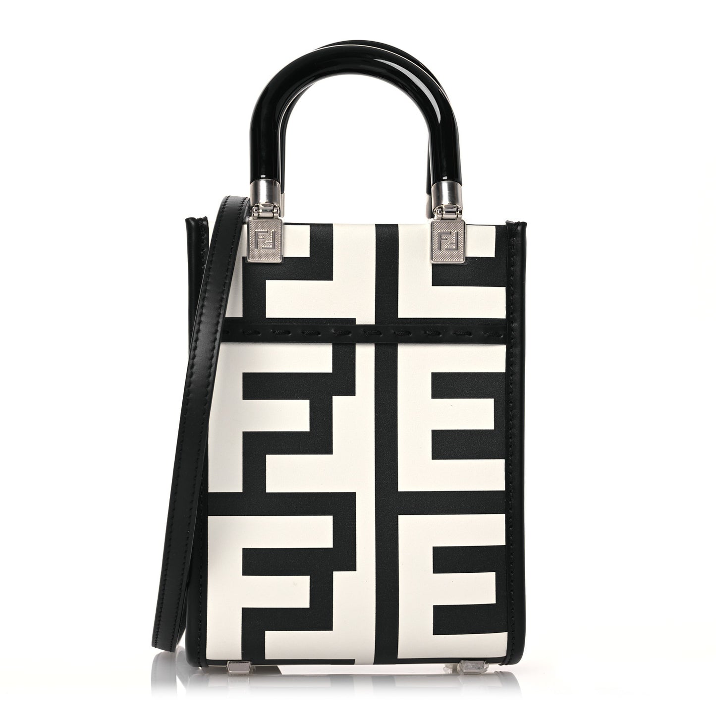 X MARC JACOBS Vitello King Plexiglass Logo Print Mini Fendi Sunshine Shopper Tote Black White