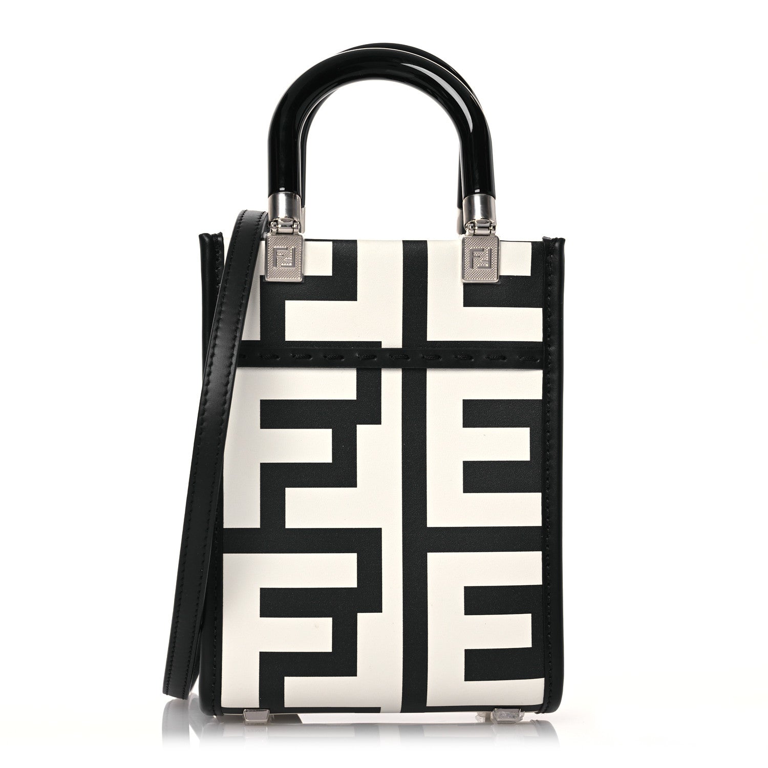Fendi X MARC JACOBS Vitello King Plexiglass Logo Print Mini Fendi Sunshine Shopper Tote Black White 1 of 14
