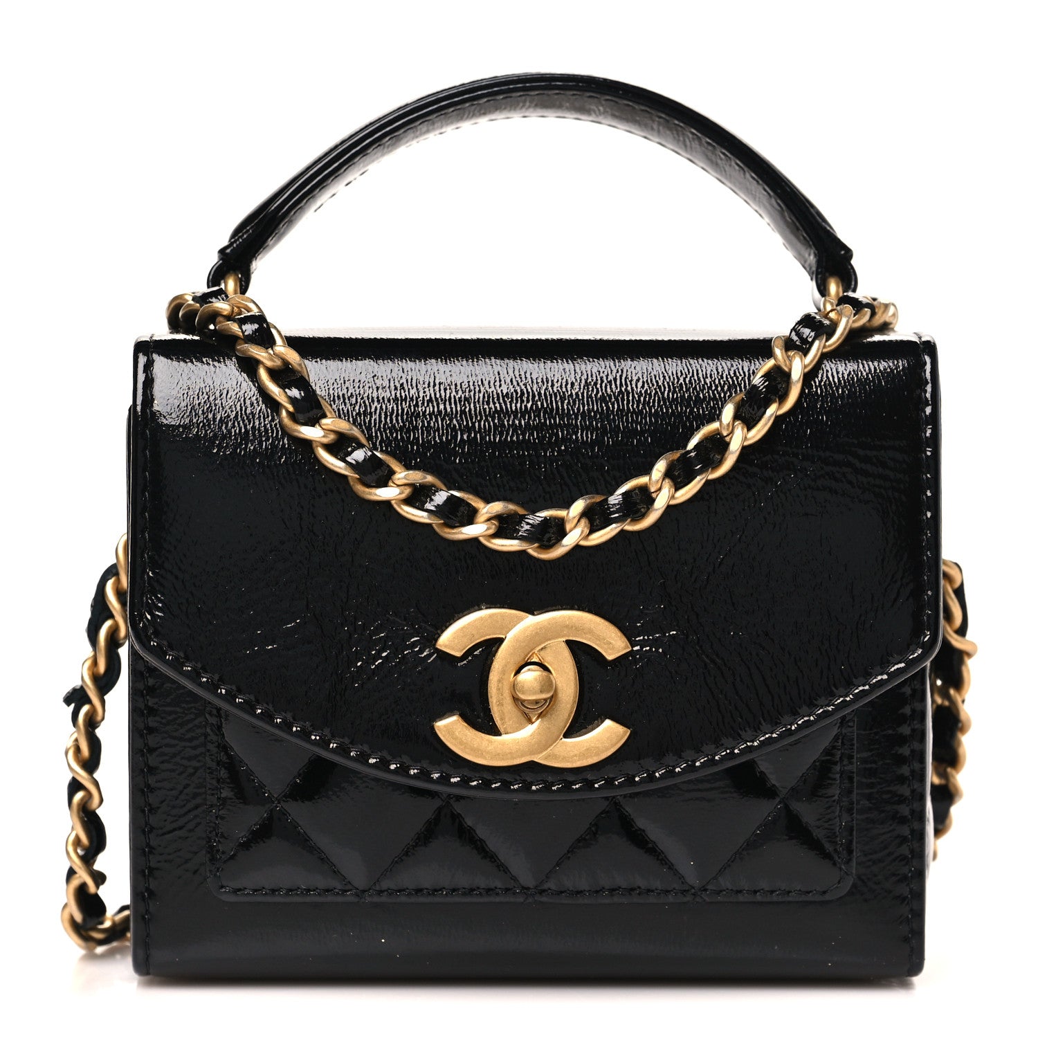 Chanel Shiny Lambskin Quilted Top Handle Card Holder On Chain Black 1 of 11