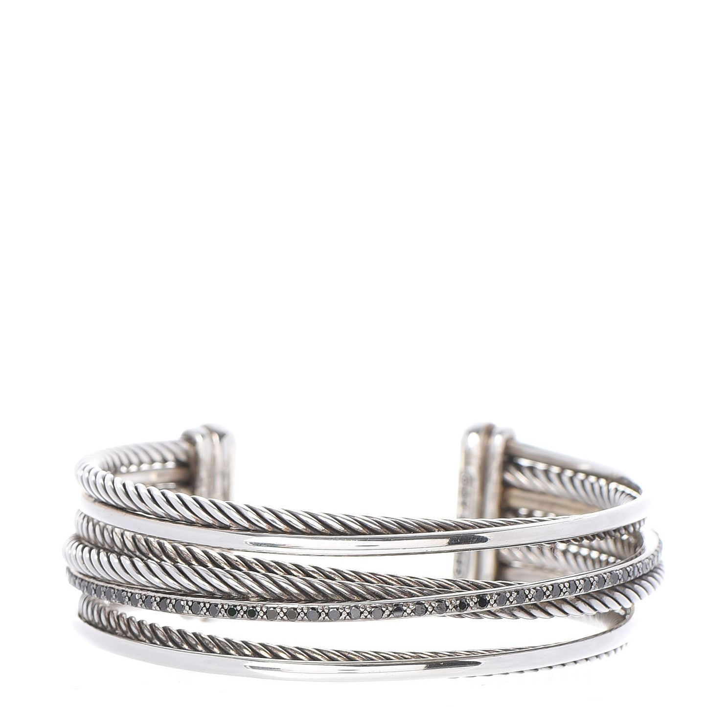 Sterling Silver 14K White Gold Black Diamond 20mm Crossover Four Row Cuff