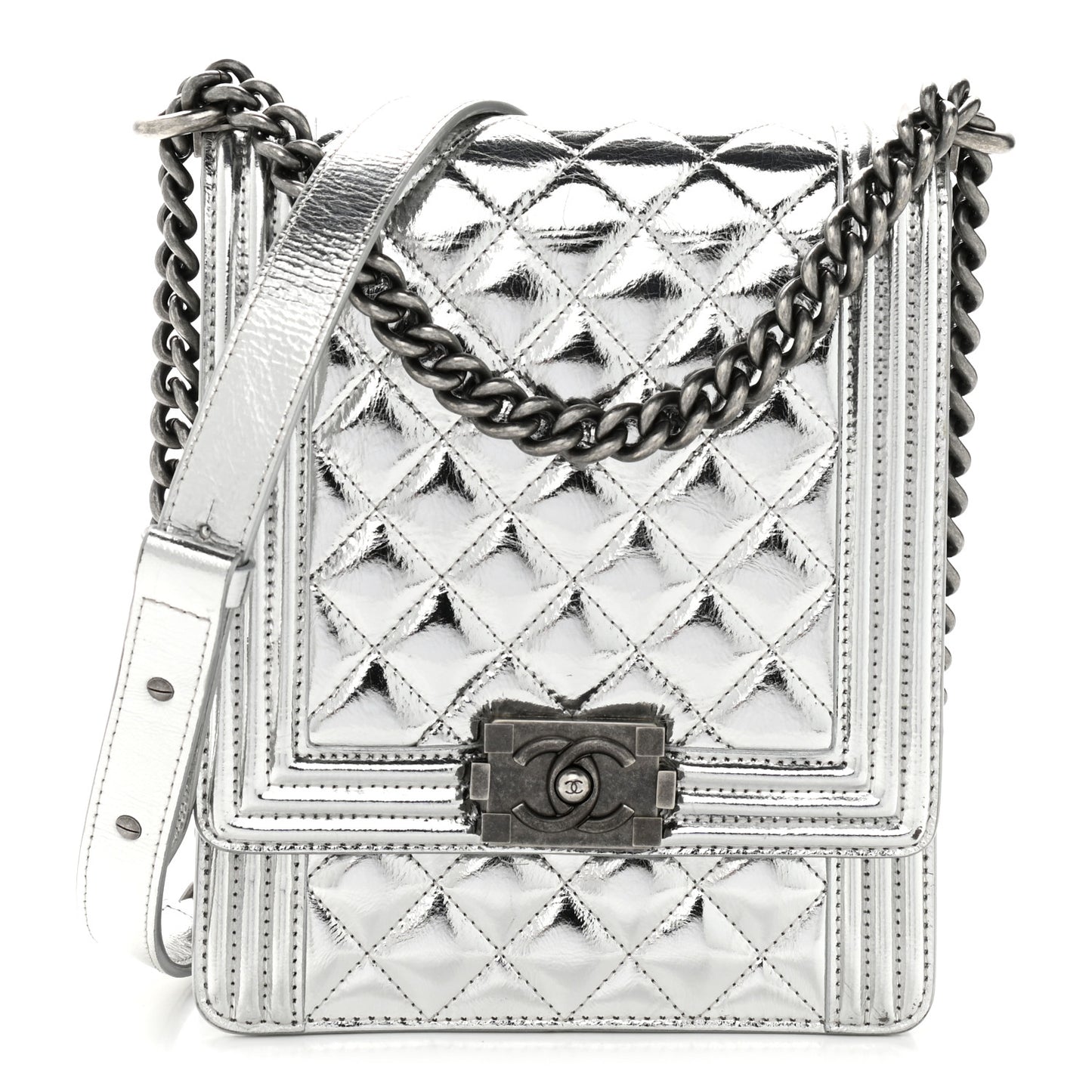 Metallic Goatskin Quilted North South Boy Flap Silver