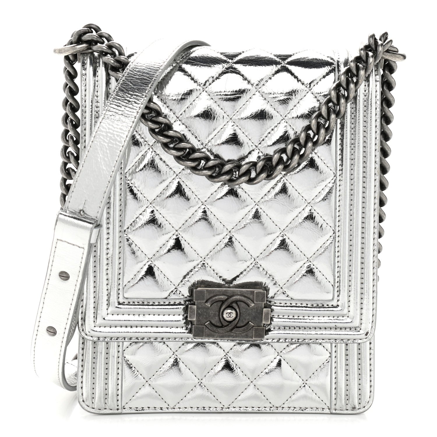 Chanel Metallic Goatskin Quilted North South Boy Flap Silver 1 of 9