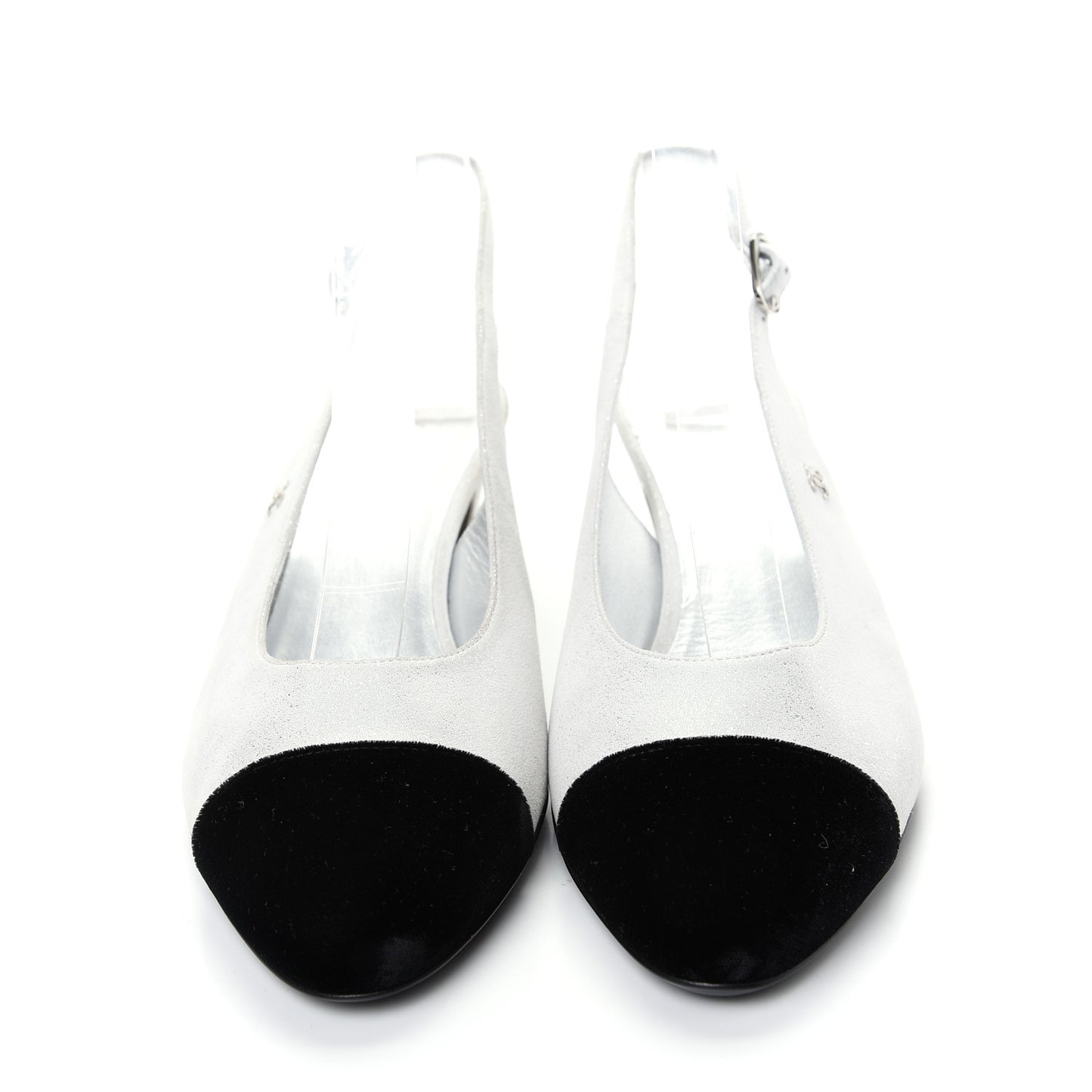 Laminated Goatskin Velvet Cap Toe CC Slingback Sandals 40 Silver Black