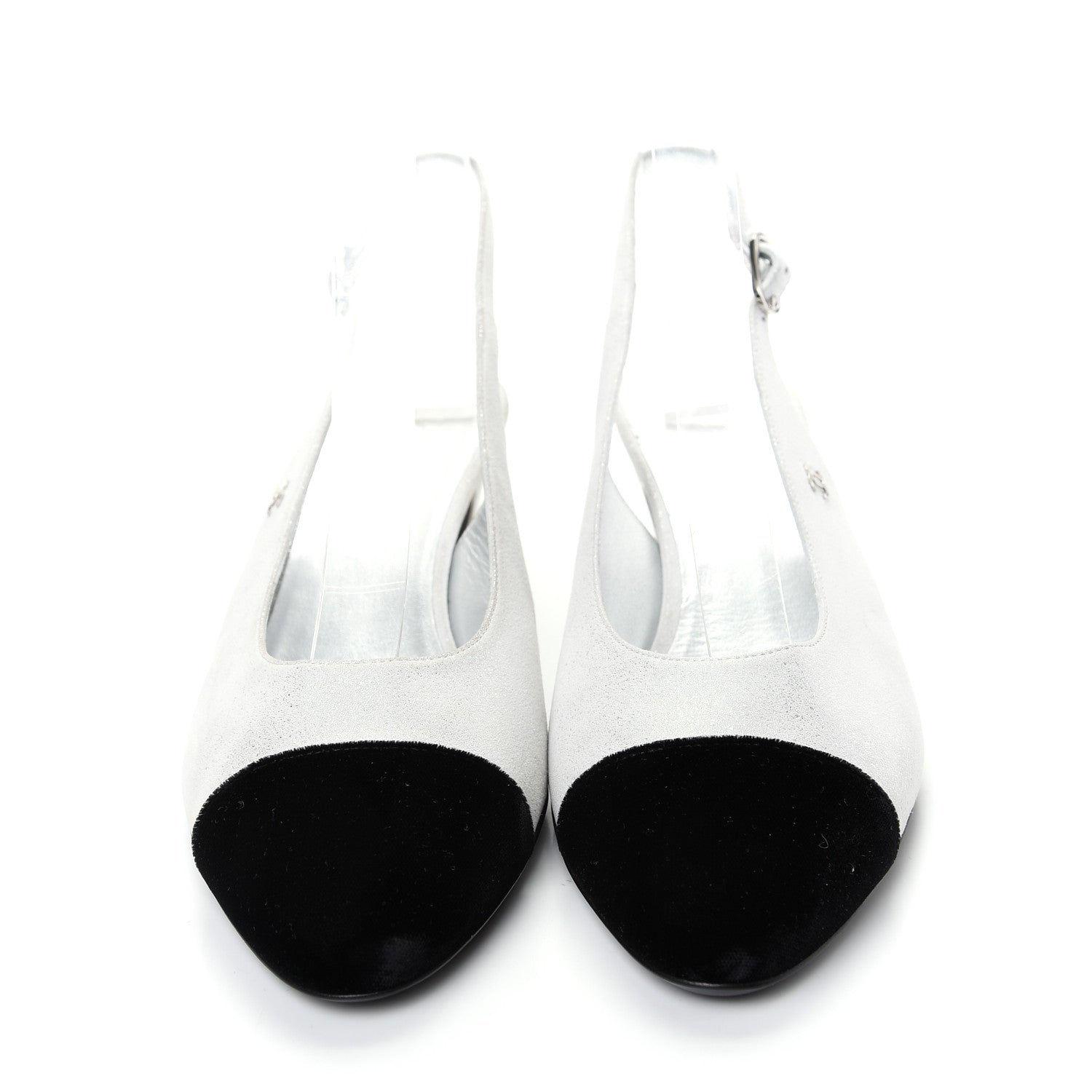 Chanel Laminated Goatskin Velvet Cap Toe CC Slingback Sandals 40 Silver Black 2 of 11