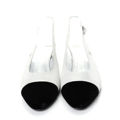 Chanel Laminated Goatskin Velvet Cap Toe CC Slingback Sandals 40 Silver Black 2 of 11