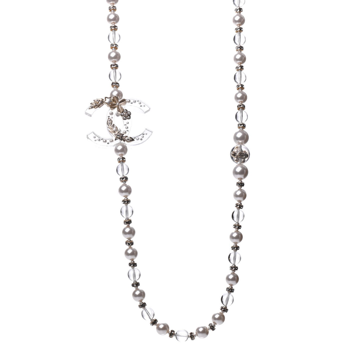 Resin Pearl Crystal CC Long Necklace Transparent Gold