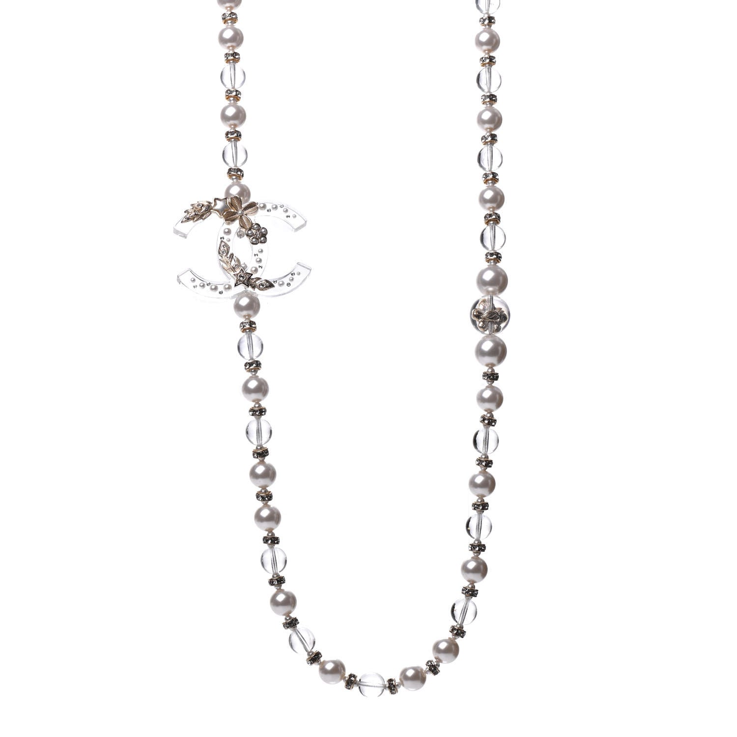 Chanel Resin Pearl Crystal CC Long Necklace Transparent Gold 1 of 6