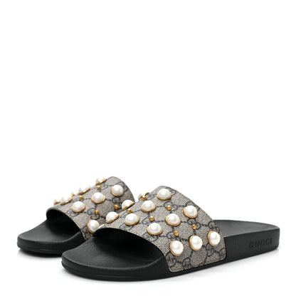 Gucci GG Supreme Monogram Pearls Slide Sandals 38 Beige 3 of 8