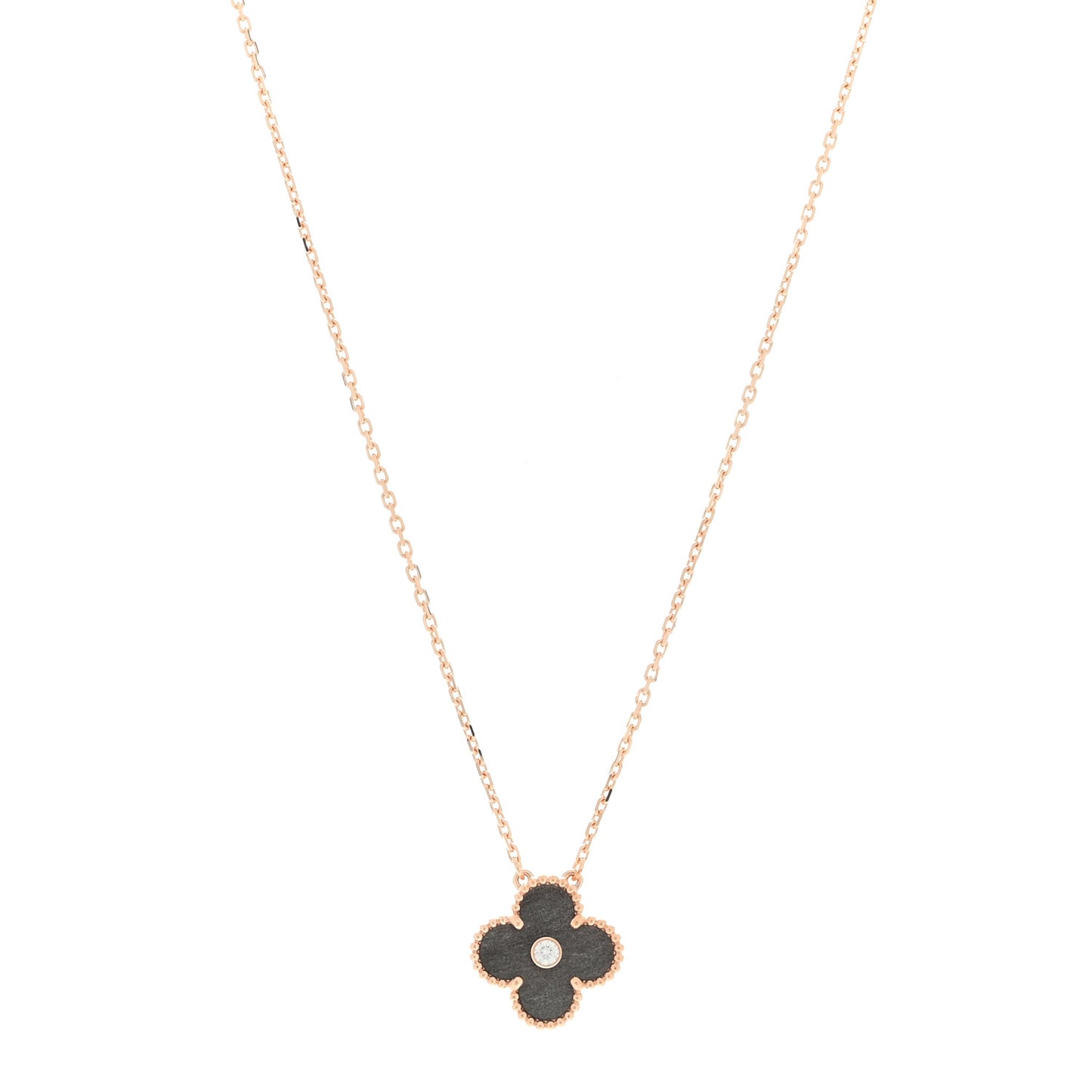 18K Rose Gold Diamond Silver Obsidian Vintage Alhambra Pendant Necklace