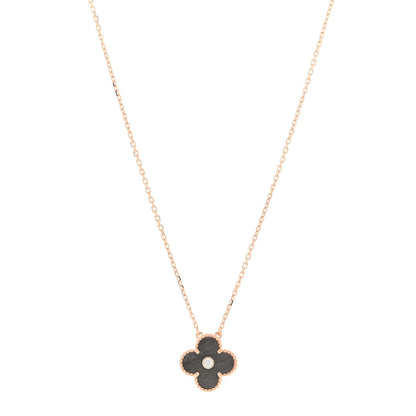 Van Cleef & Arpels 18K Rose Gold Diamond Silver Obsidian Vintage Alhambra Pendant Necklace 1 of 4
