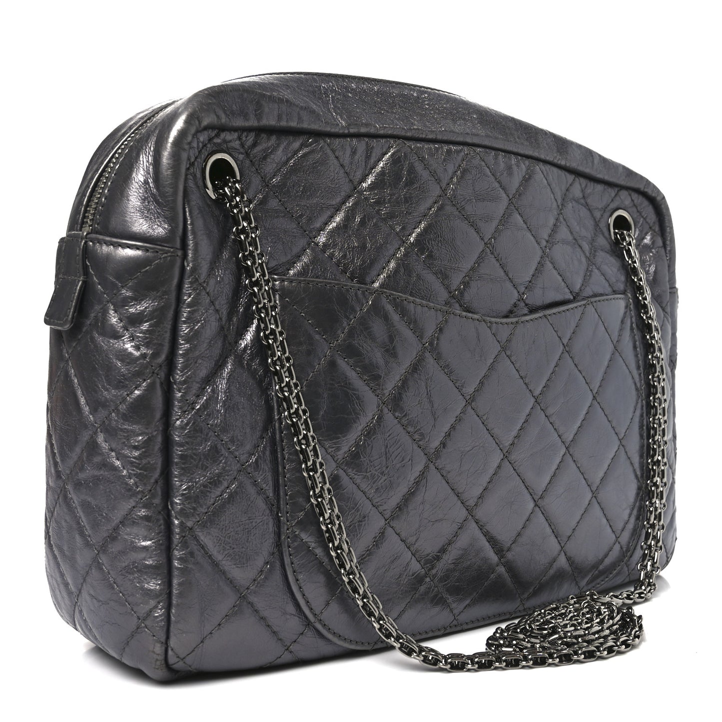 Metallic Aged Calfskin Quilted Large Reissue Camera Case Dark Silver