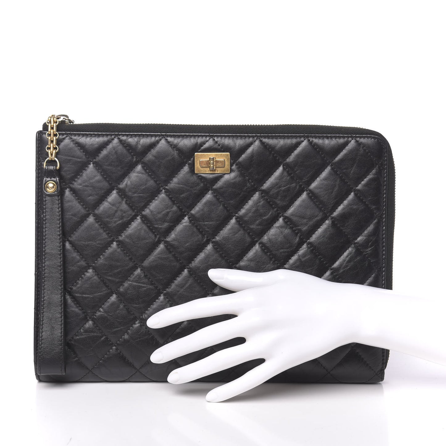 Aged Calfskin Quilted 2.55 Reissue Pouch With Handle Black