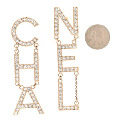 Chanel Crystal Cha-Nel Logo Drop Earrings Gold 2 of 5