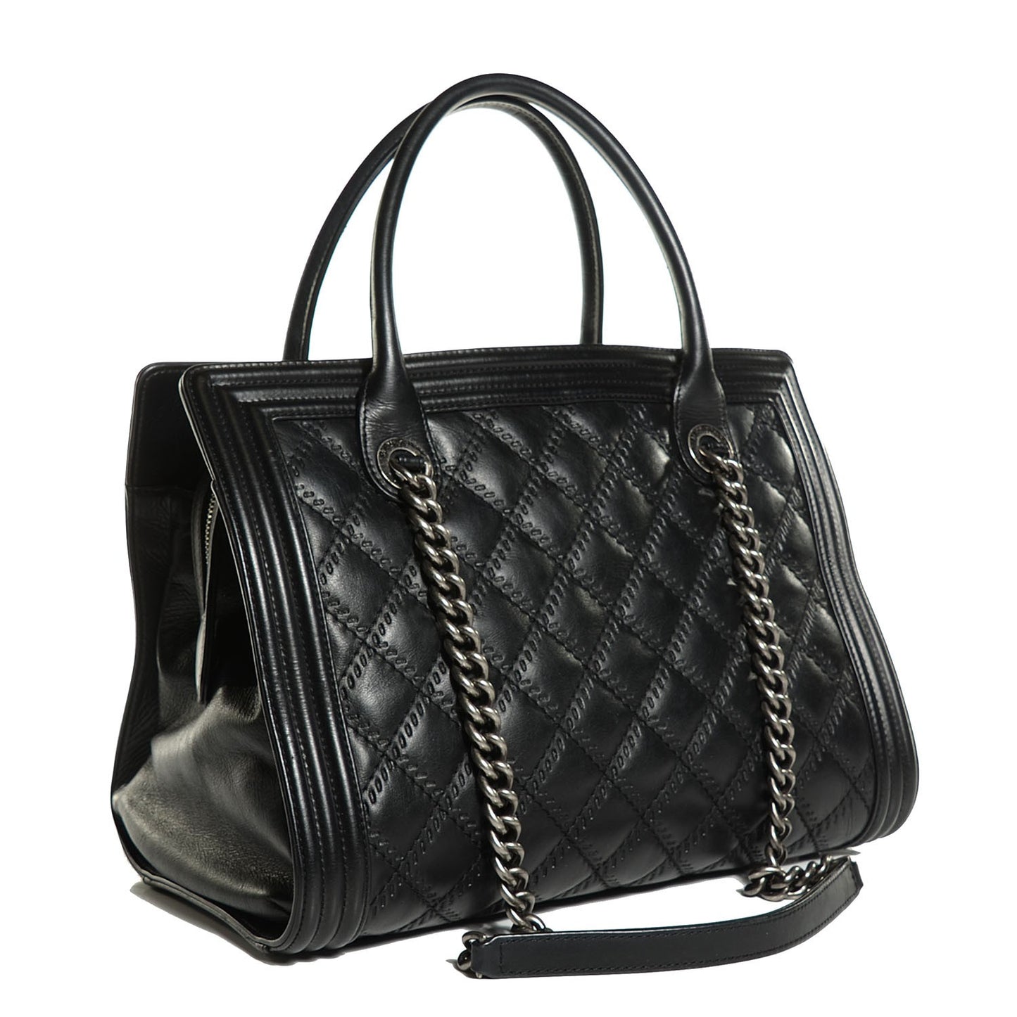 Calfskin Quilted Double Stitch Large Boy Tote Black