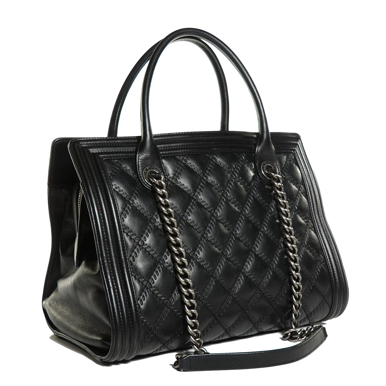 Chanel Calfskin Quilted Double Stitch Large Boy Tote Black 3 of 8