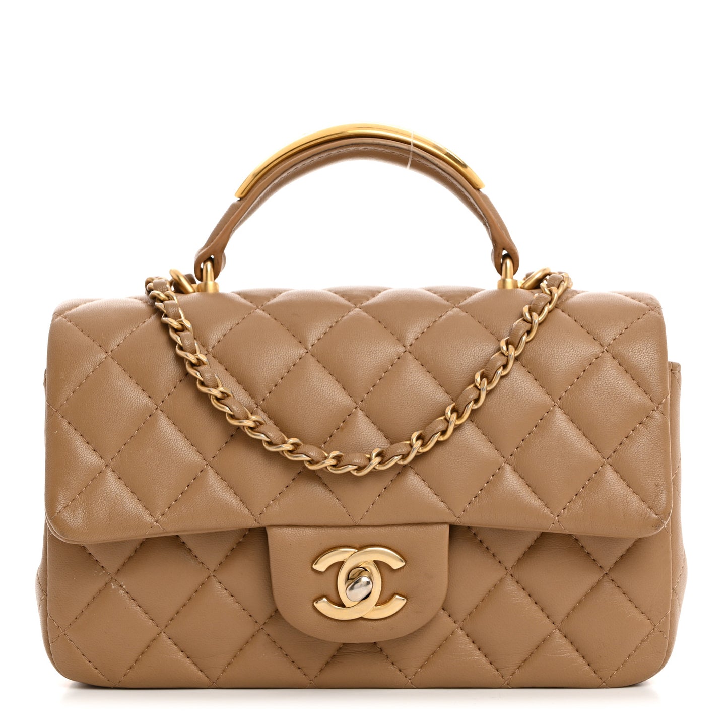 Lambskin Quilted Mini Metal Top Handle Rectangular Flap Beige