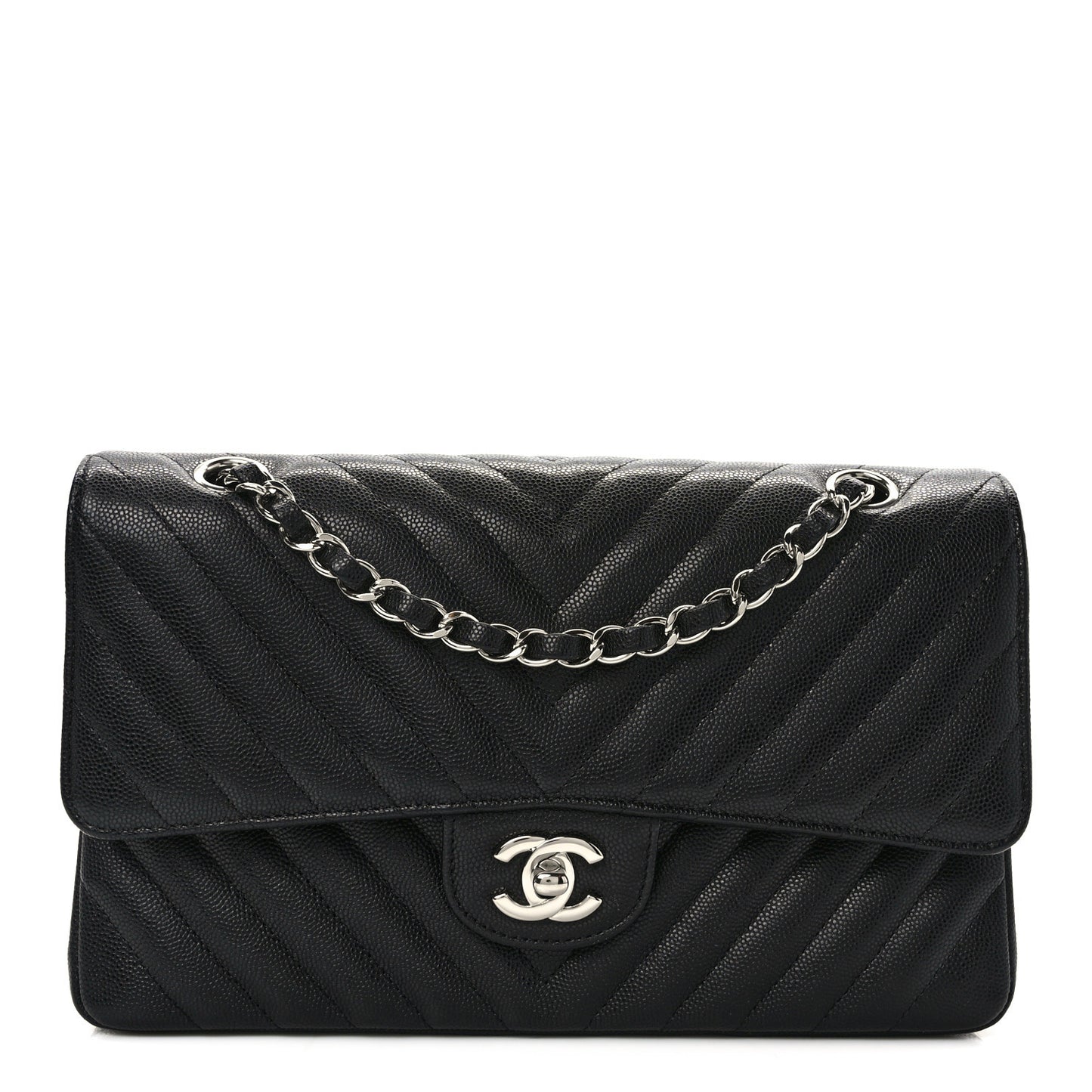 Caviar Chevron Quilted Medium Double Flap Black