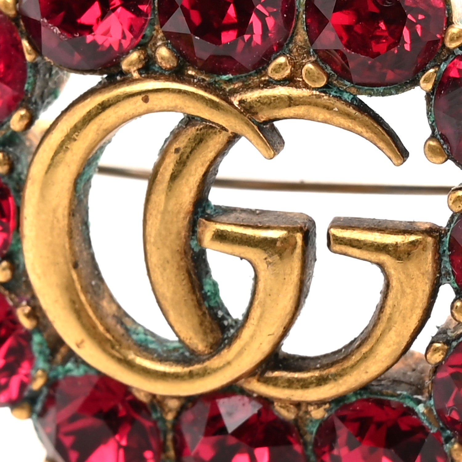 Gucci Metal Crystal Double G Brooch Aged Gold Red 1839000