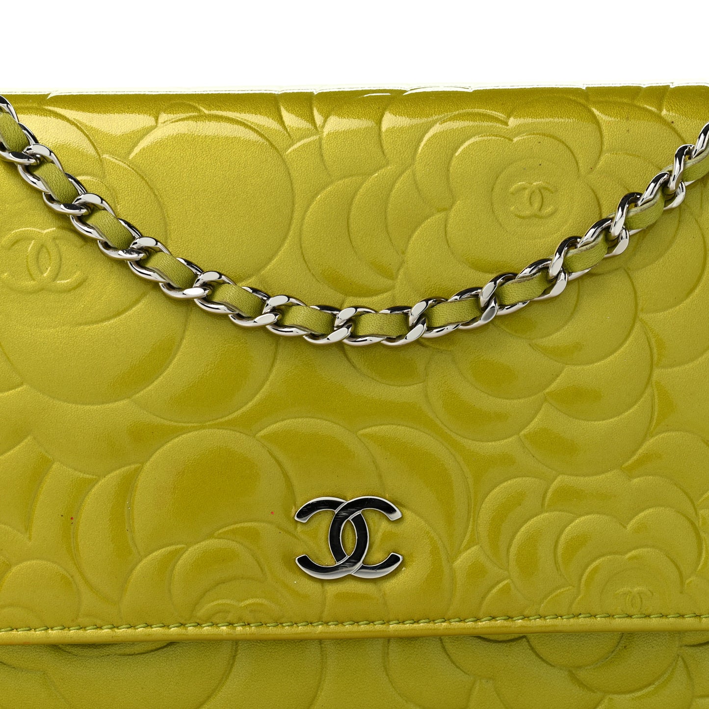 Patent Camellia Embossed Wallet on Chain WOC Green