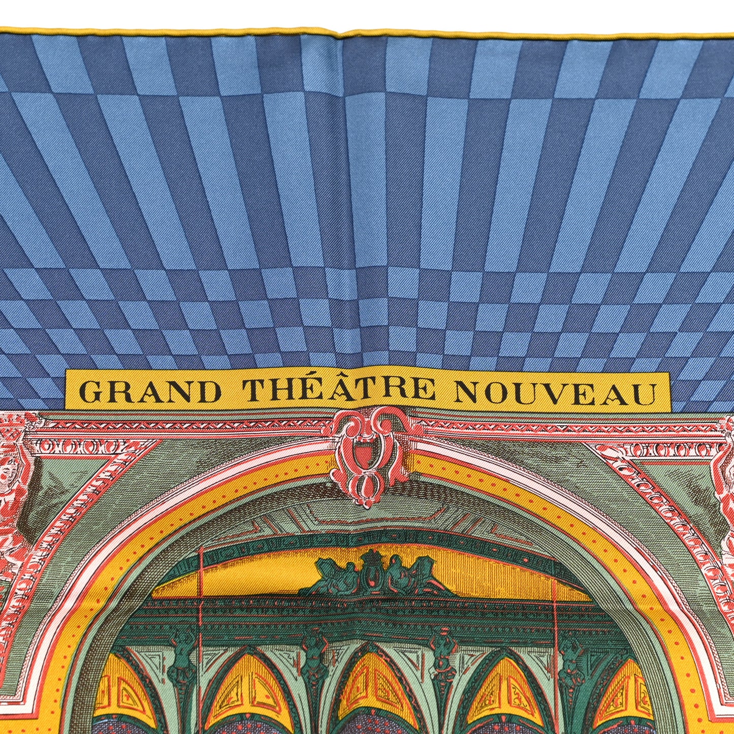 Silk Twill Grande Theatre Nouveau Scarf 90 Bleu Jean Vert Moutarde