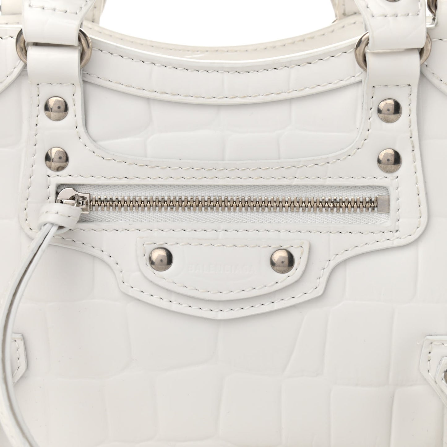 Semi Shiny Calfskin Crocodile Embossed Neo Classic Silver Hardware Mini City White