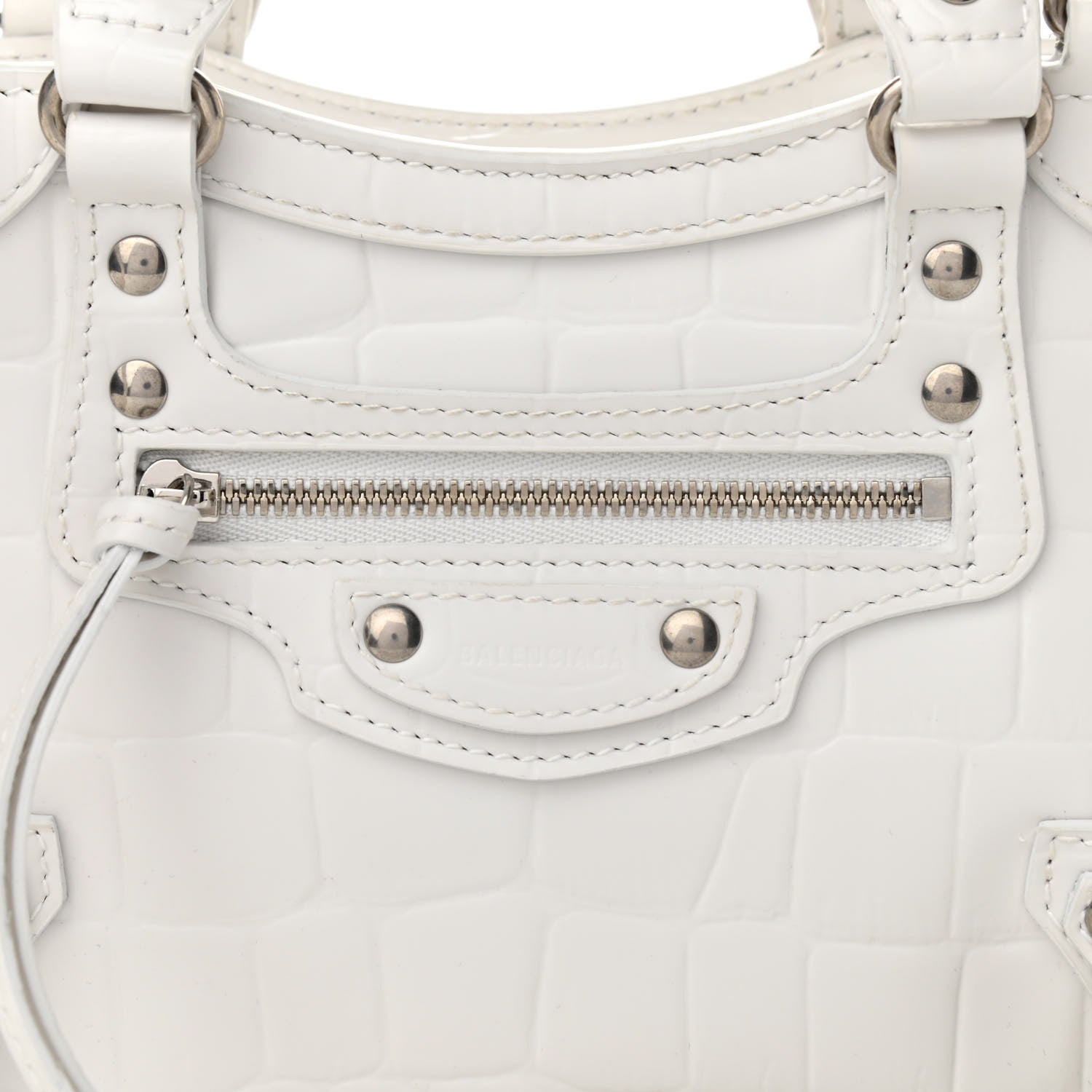 Balenciaga Semi Shiny Calfskin Crocodile Embossed Neo Classic Silver Hardware Mini City White 9 of 9