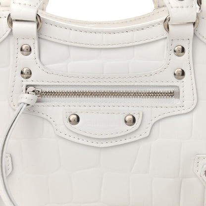 Balenciaga Semi Shiny Calfskin Crocodile Embossed Neo Classic Silver Hardware Mini City White 9 of 9
