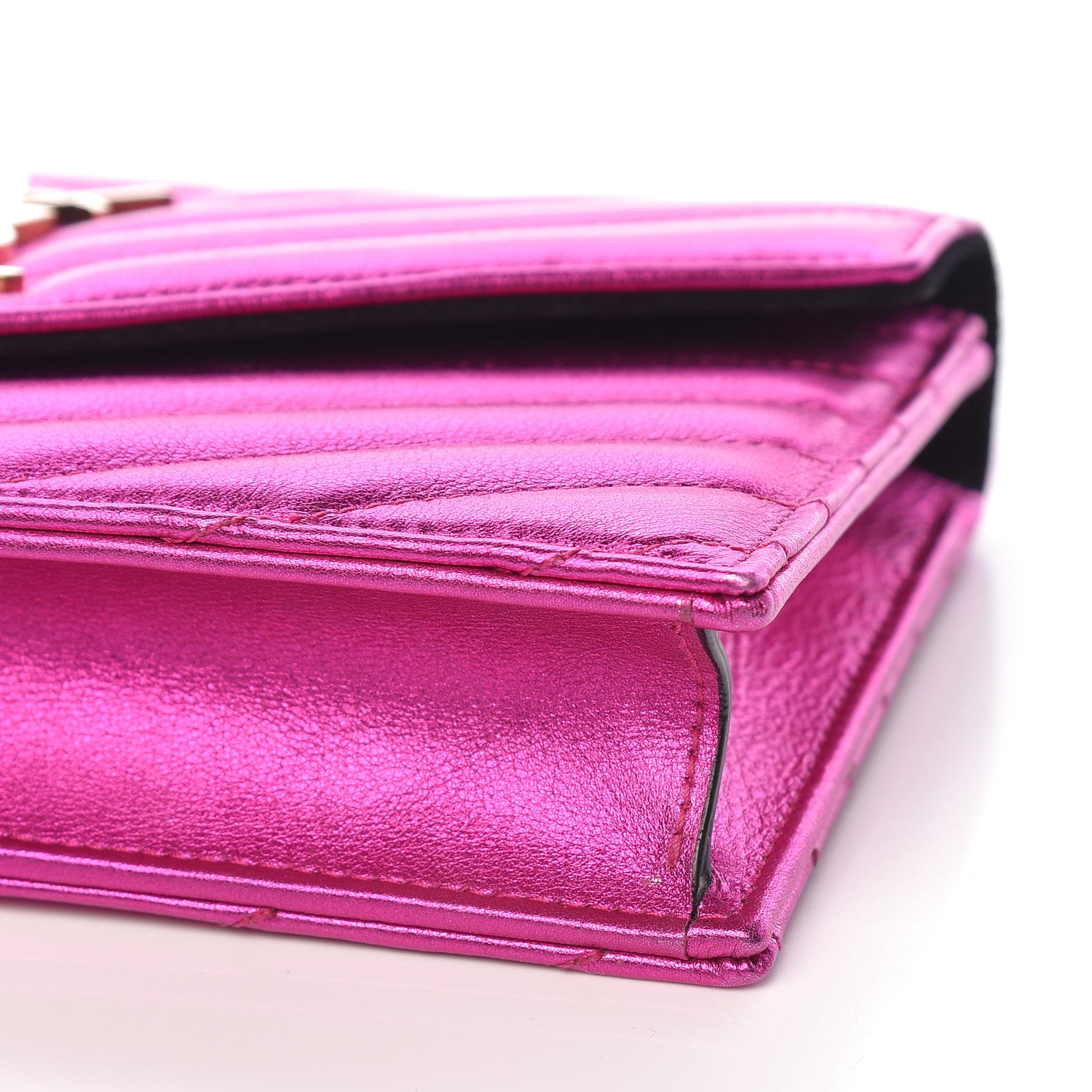Saint Laurent Metallic Calfskin Matelasse Chevron Monogram Envelope Chain Wallet Fuchsia 8 of 10