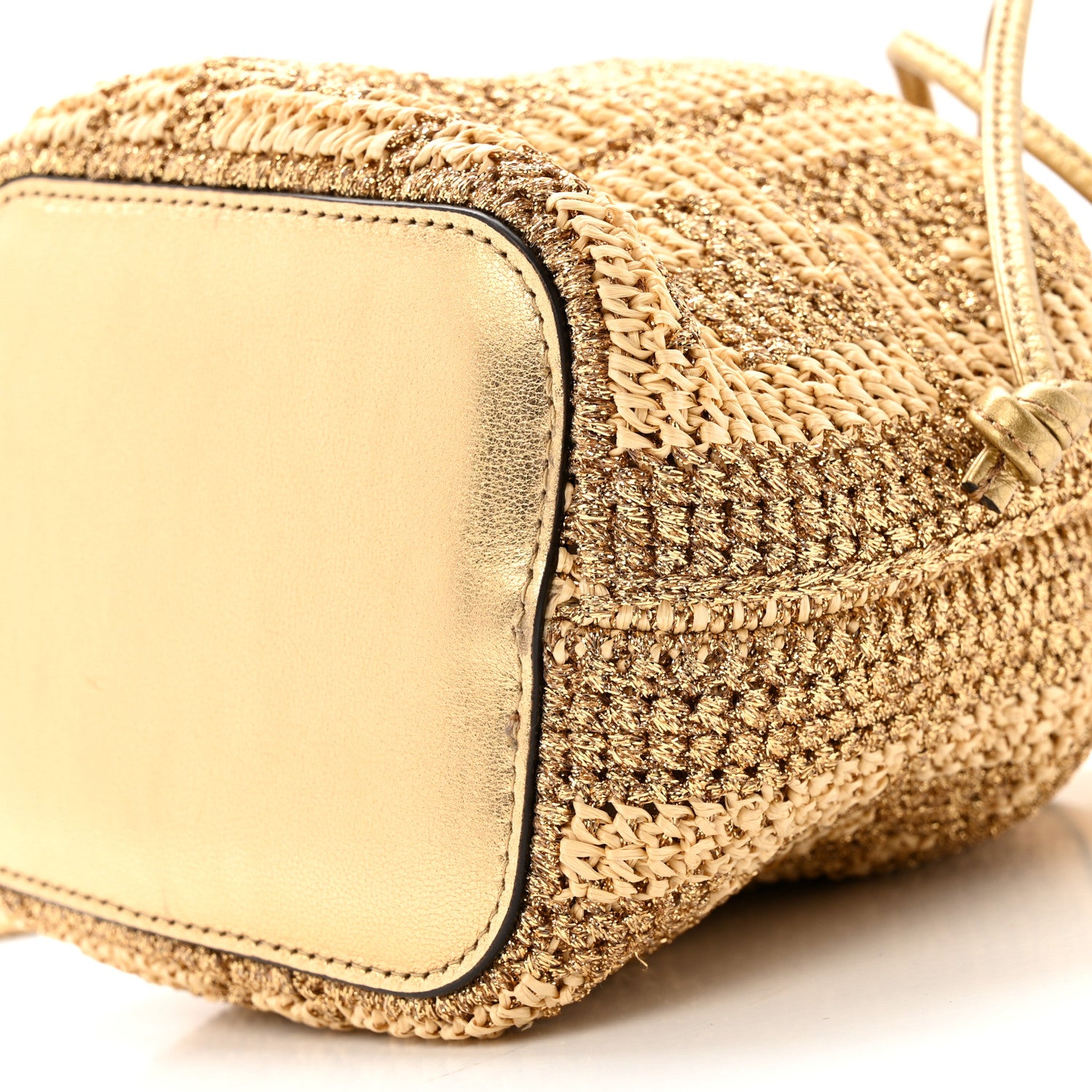 Fendi Raffia Lurex Vitello Laminato F is Fendi FF Crochet Mini Mon Tresor Bucket Bag Natural Oro 9 of 10