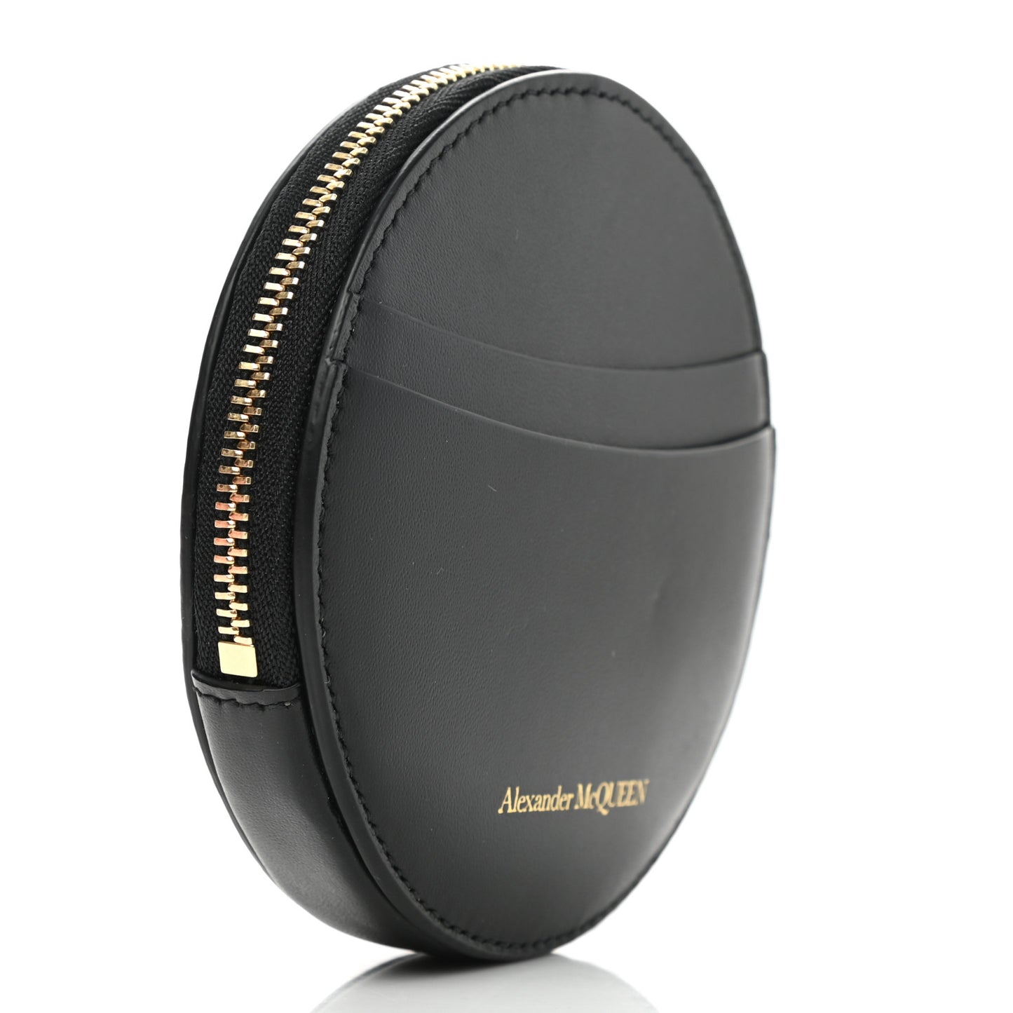 Calfskin Curve Zip Coin Purse Black Gold