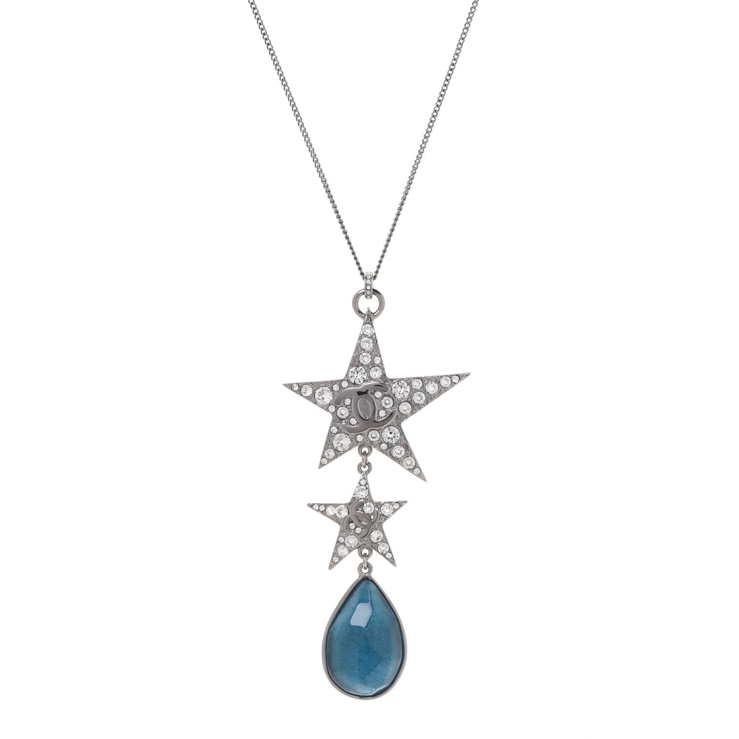 Chanel Crystal Resin CC Star Drop Necklace Silver Blue 1 of 6