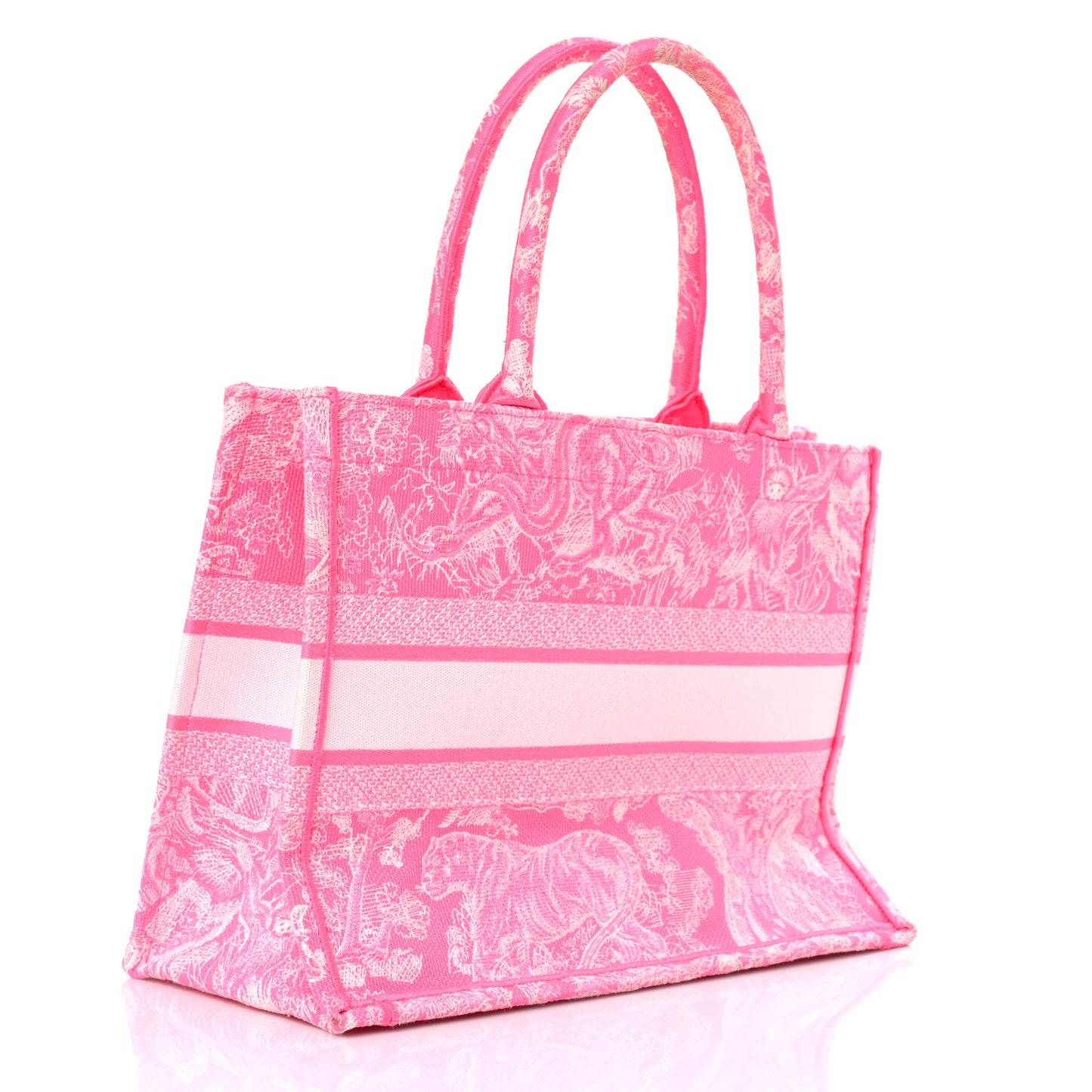Canvas Embroidered Medium Toile De Jouy Reverse Book Tote Fluorescent Pink