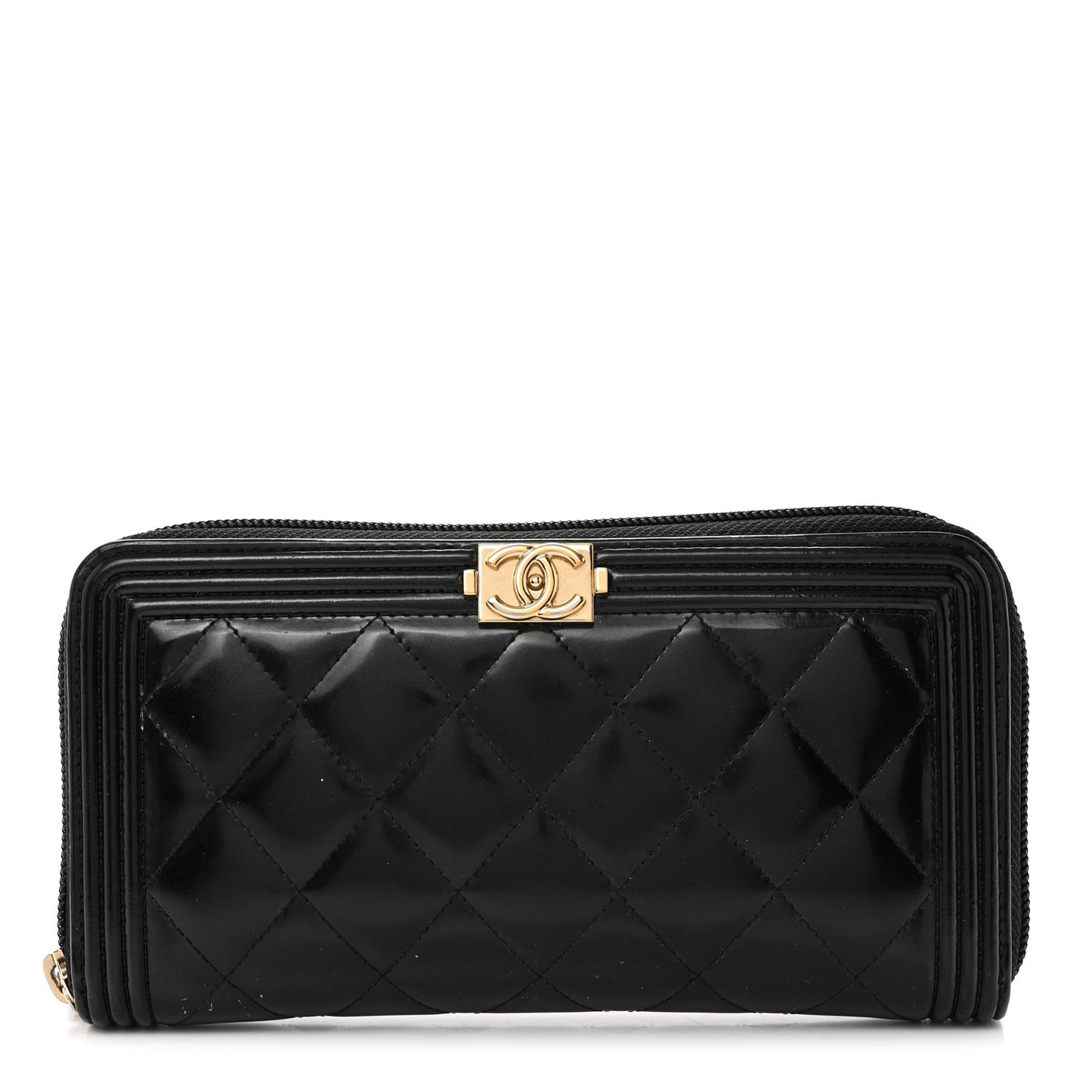 Patent Calfskin Quilted Boy L-Gusset Zip Wallet Black