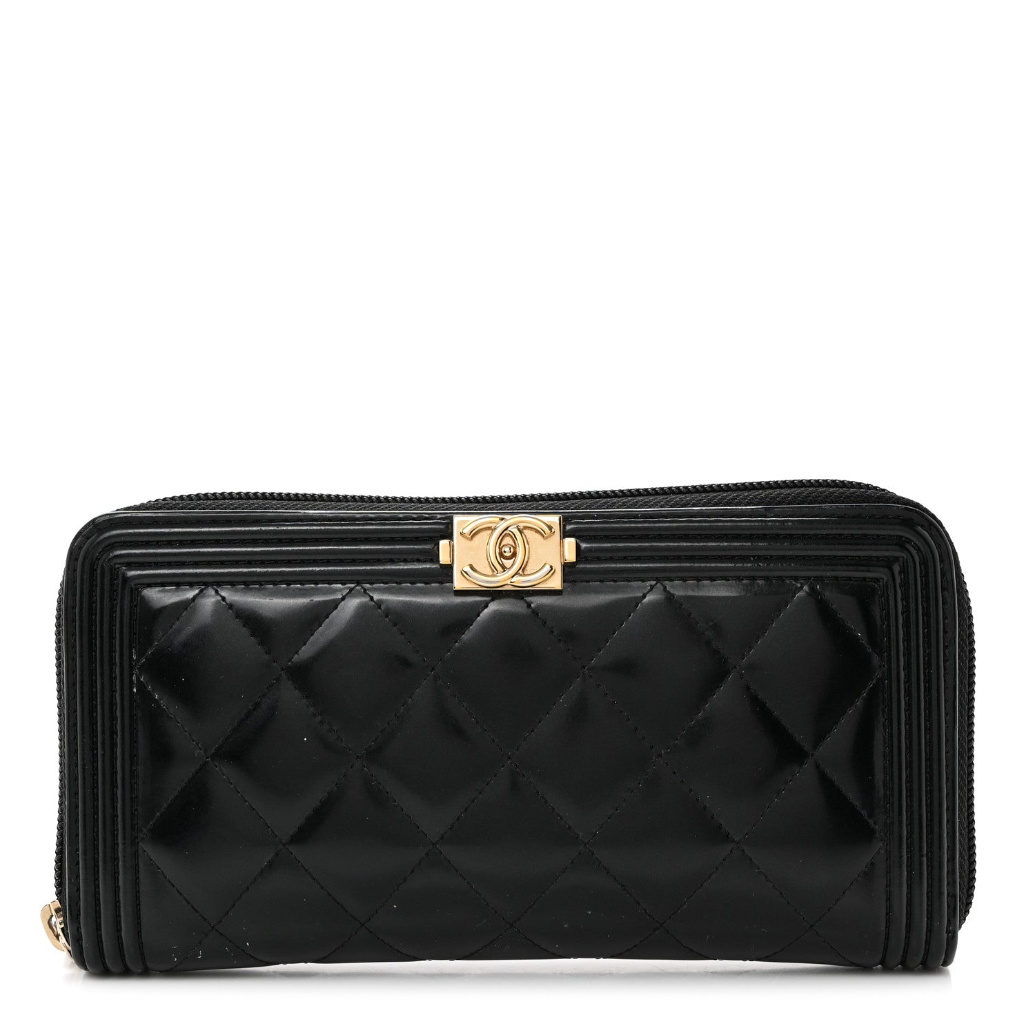 Chanel Patent Calfskin Quilted Boy L-Gusset Zip Wallet Black 1 of 9