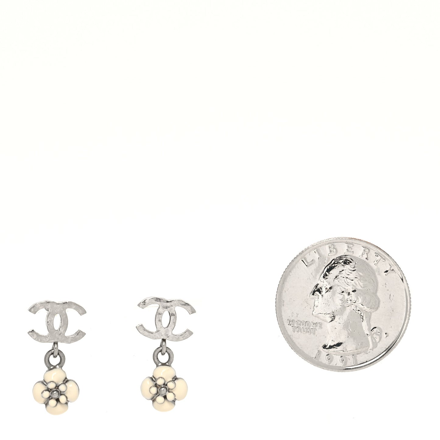 Flower CC Drop Earrings White Silver