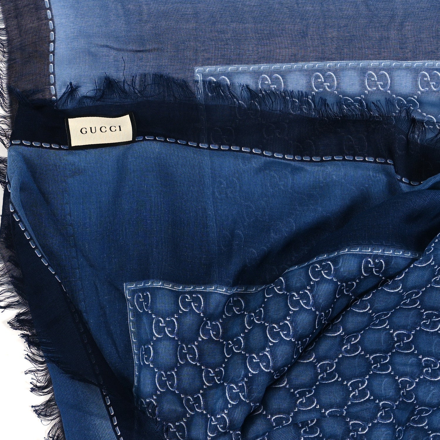 Gucci Modal Silk GG Monogram Fringe Shawl Blue 2 of 3