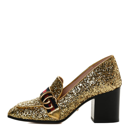Gucci Glitter Nappa Web Peyton 75mm Loafer Pumps 36.5 Oro Vecchio 1 of 13