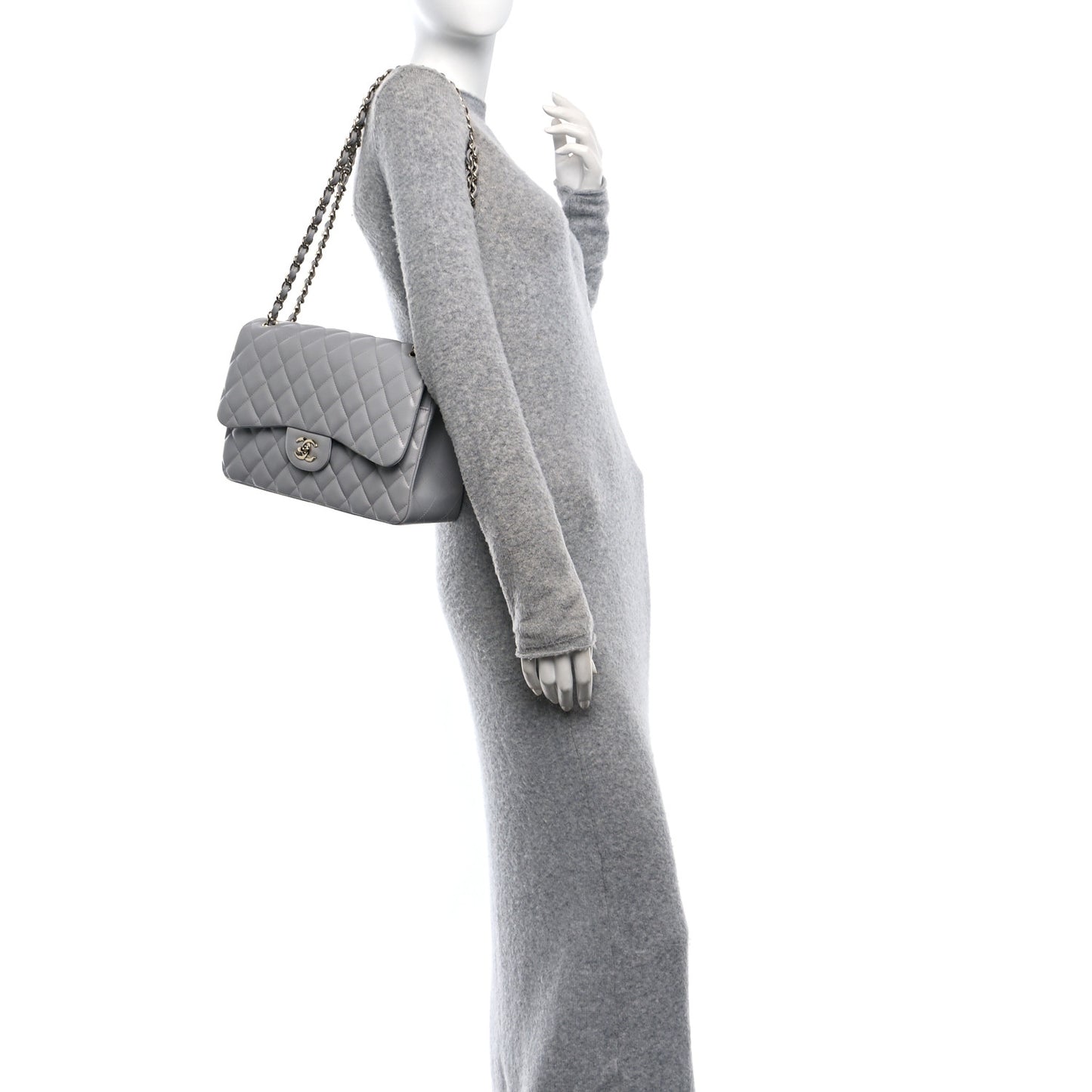 Caviar Quilted Jumbo Double Flap Grey