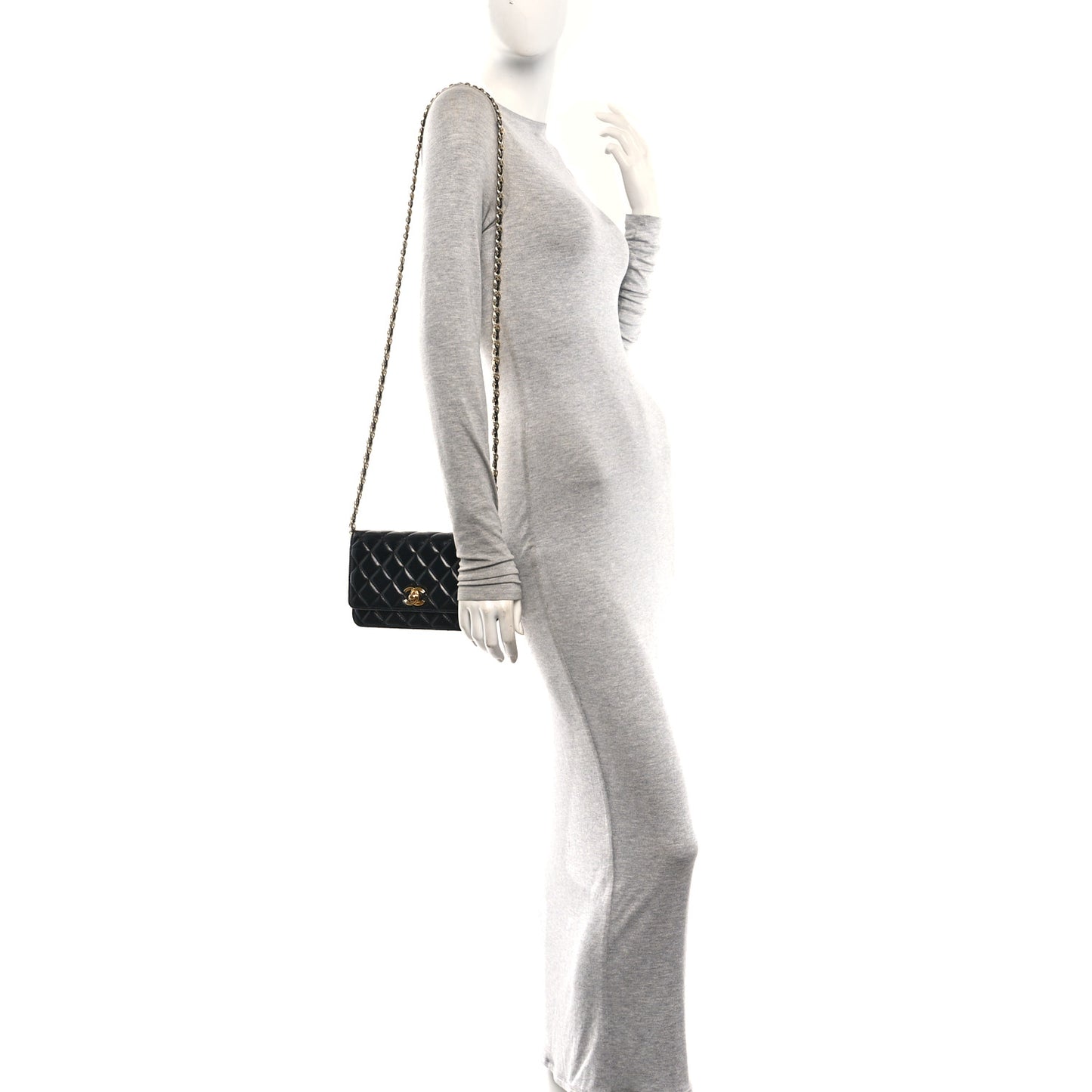 Shiny Lambskin Quilted Golden Links Wallet On Chain WOC Black