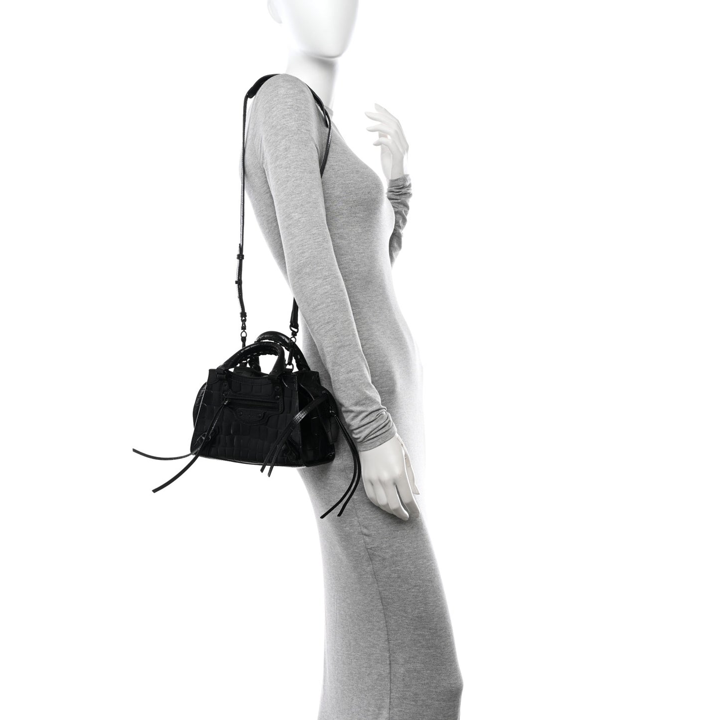Semi Shiny Calfskin Crocodile Embossed Neo Classic Black Hardware Mini City Black