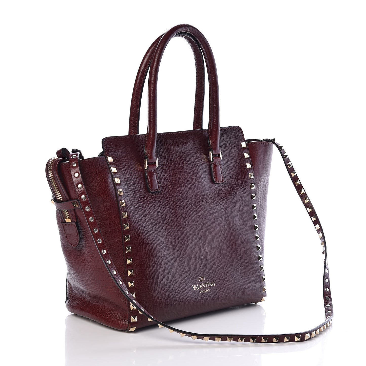 Textured Calfskin Rockstud Double Handle Tote Wine