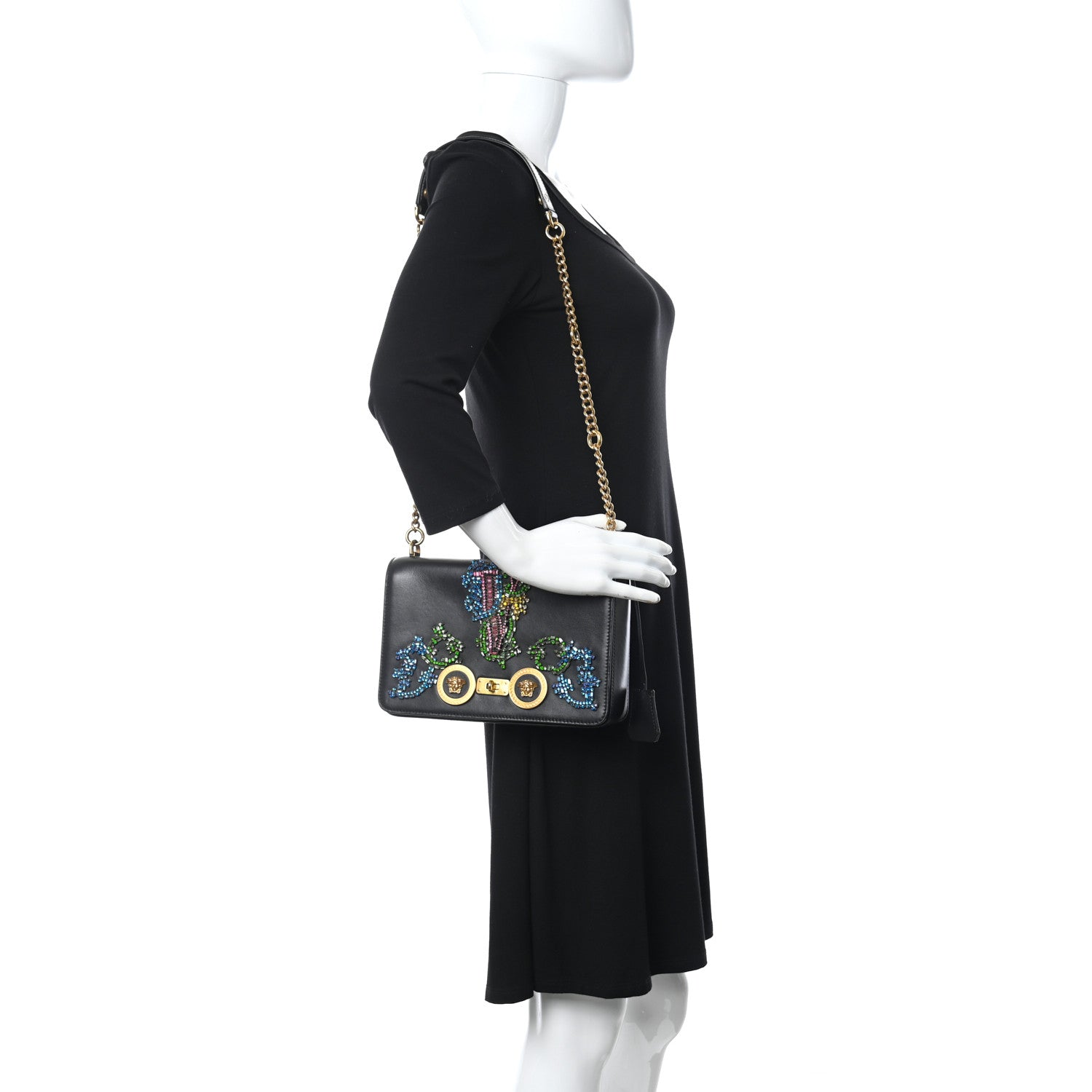 Versace Nappa Crystal Embroidered Medium Icon Flap Black 2 of 14