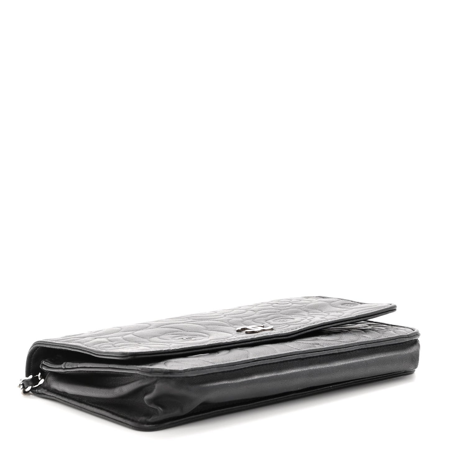 Lambskin Camellia Embossed Wallet on Chain WOC Black